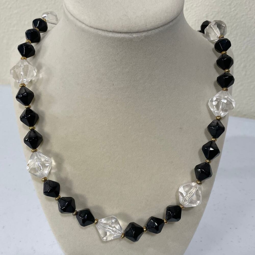 Vintage 50s 60s Black Clear Lucite Beads Long Single Strand Necklace Retro Chic